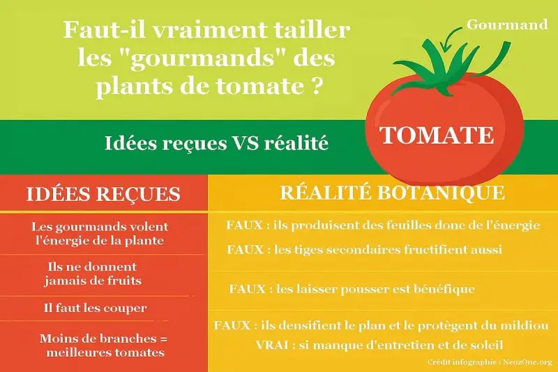 Infographie sur la taille des gourmands de plants de tomate. Elle compare idées reçues et réalité botanique, avec une tomate rouge et une flèche indiquant un gourmand.