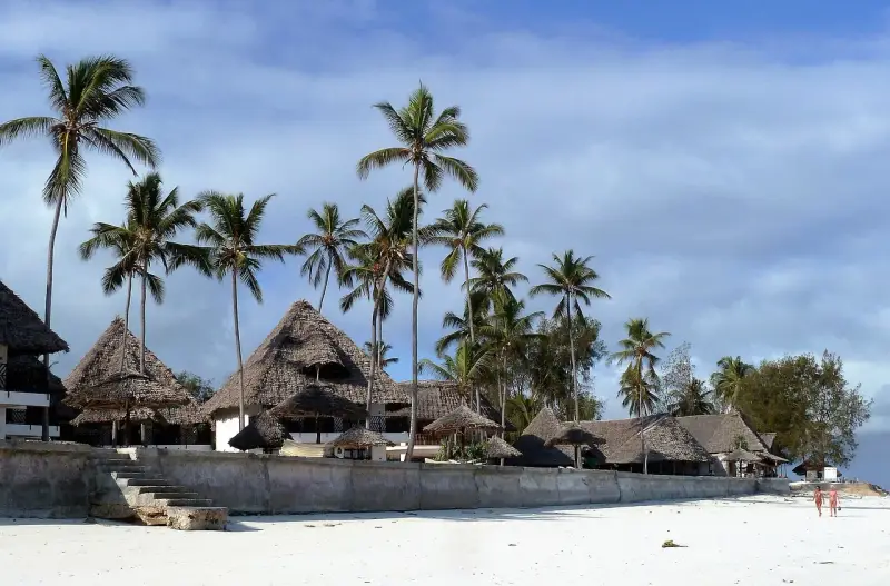 Rajskie plaże Zanzibaru, palmy i domki z krytymi strzechą dachami. Przed wyjazdem warto pomyśleć o zanzibar szczepienia.