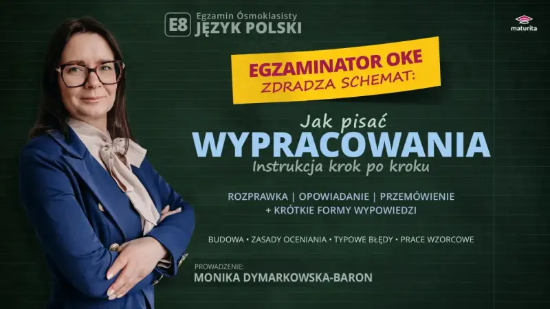 Kobieta w okularach i granatowej marynarce prezentuje instrukcję pisania wypracowań na egzamin ósmoklasisty. Kluczowe jest zakończenie rozprawki.