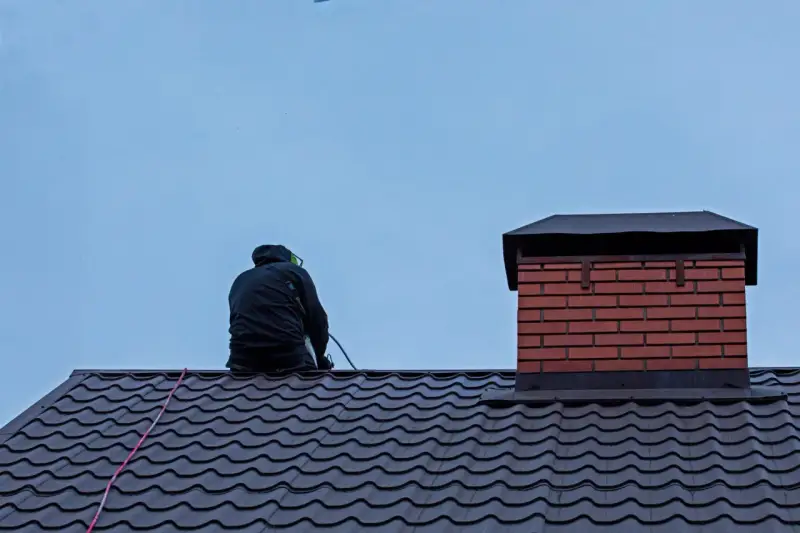 Przegląd kominiarski na dachu. Kominiarz w czarnej kurtce siedzi na ciemnym dachu, obok ceglanego komina.