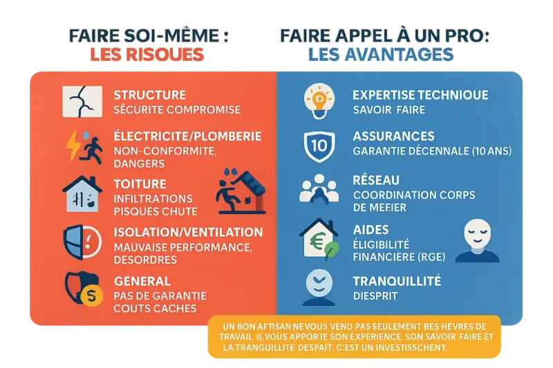 Comparer les risques du bricolage pour rénover une maison avec les avantages de faire appel à un professionnel : expertise, assurances, tranquillité.
