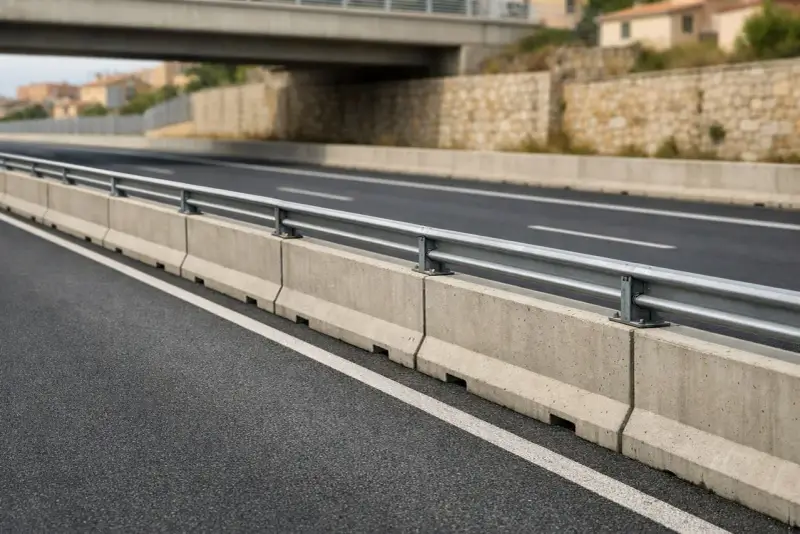 Barriera spartitraffico in cemento, conforme all'art. 175 CDS, con guardrail metallico su strada asfaltata.