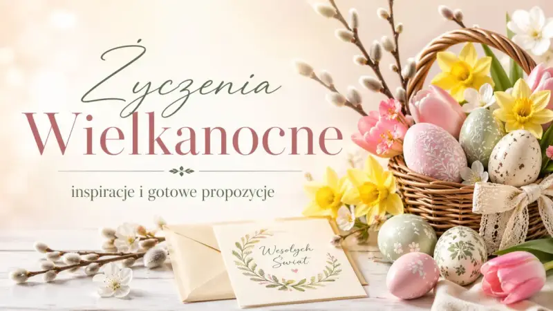 Wielkanocne inspiracje i mądre życzenia. Koszyk pełen barwnych pisanek, tulipanów i żonkili.