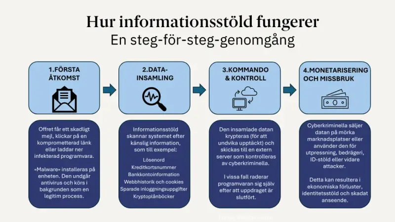 Diagram visar hur dataintrång sker: först åtkomst, sedan datainsamling, kommando & kontroll, och slutligen monetarisering. Detta kan leda till identitetsstöld för privatpersoner.