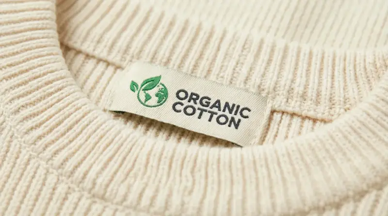 Metka z napisem "ORGANIC COTTON" na kremowym swetrze z prążkowanej dzianiny. To świadczy o tym, że cotton to materiał ekologiczny.