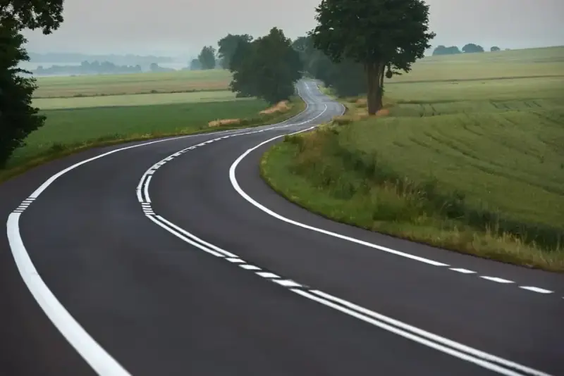 Zakręt drogi z podwójną ciągłą linią, gdzie wyprzedzanie jest zabronione. Pola i drzewa w tle.