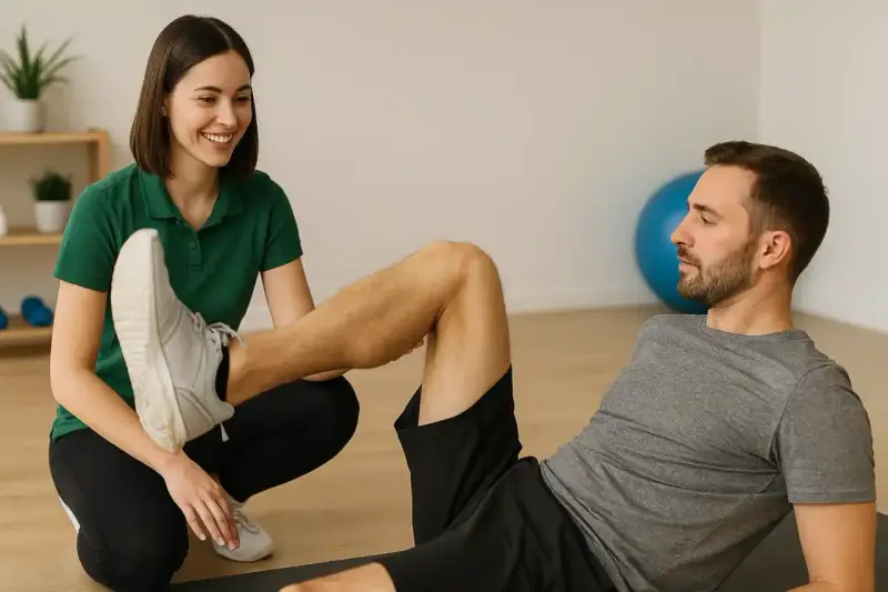 Physiotherapeutin unterstützt Mann bei Übungen zur Genesung nach Meniskusriss.