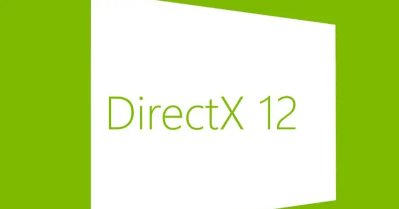 Zielony prostokąt z białym polem i napisem DirectX 12. Nowoczesna grafika, która zapowiada lepszą wydajność w grach.