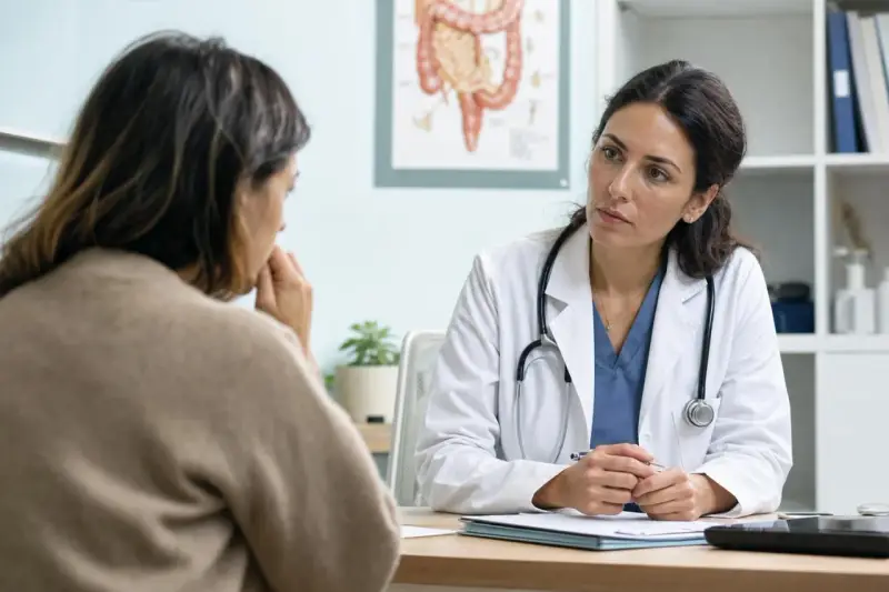 Medico ascolta paziente preoccupata, discutendo possibili resolor effetti collaterali.