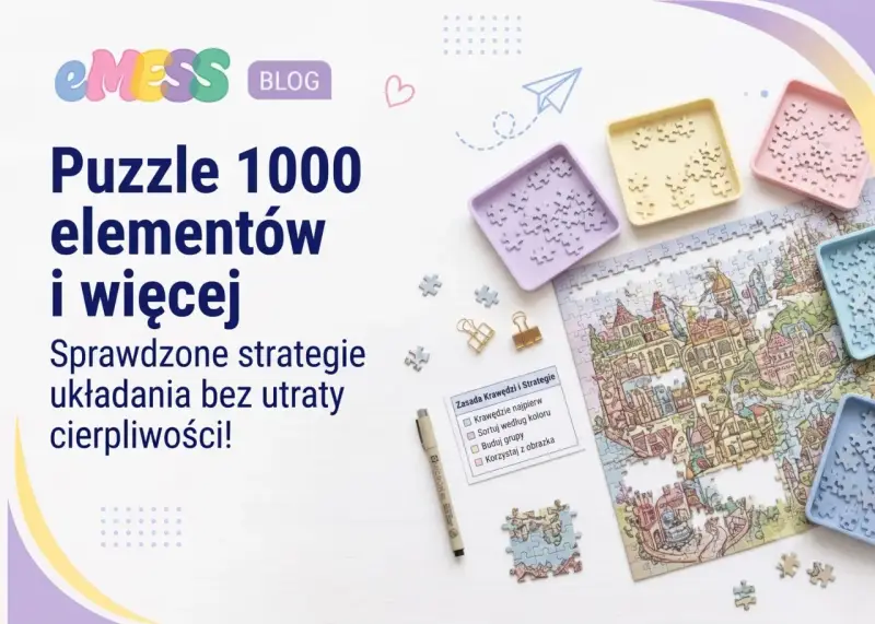 Strategie układania puzzli 1000 elementów i więcej. Kolorowe tacki z elementami, częściowo ułożony obrazek miasta.