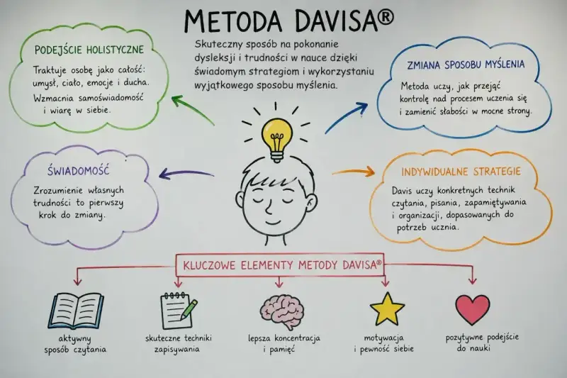 Metoda Davisa pokazuje, że dysleksja to nie choroba, lecz sposób myślenia. Uczy świadomych strategii, holistycznego podejścia i indywidualnych technik.