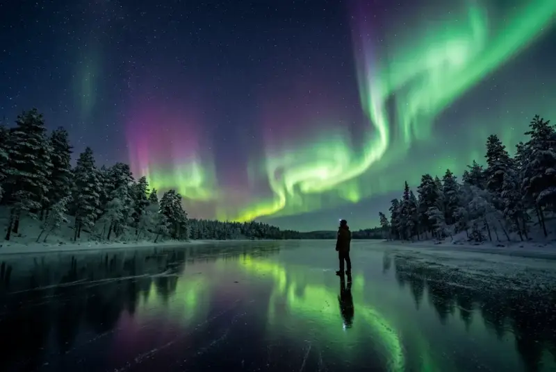 En person står på en isbelagd sjö i svenska Lappland och ser norrskenet dansa över himlen.