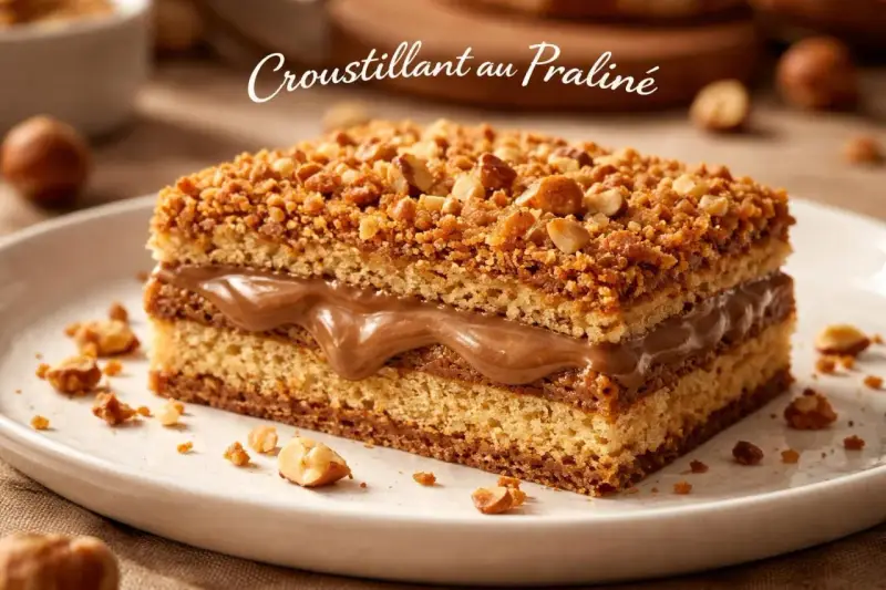 Gâteau moelleux garni d'une crème onctueuse et recouvert d'un **croustillant praliné** aux noisettes.