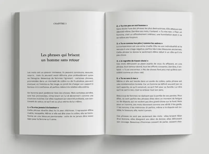 Chapitre 3 : Comprendre les sous-entendus des hommes. Les mots peuvent détruire. Ce texte explore les phrases qui blessent profondément un homme, affectant son identité et sa valeur.