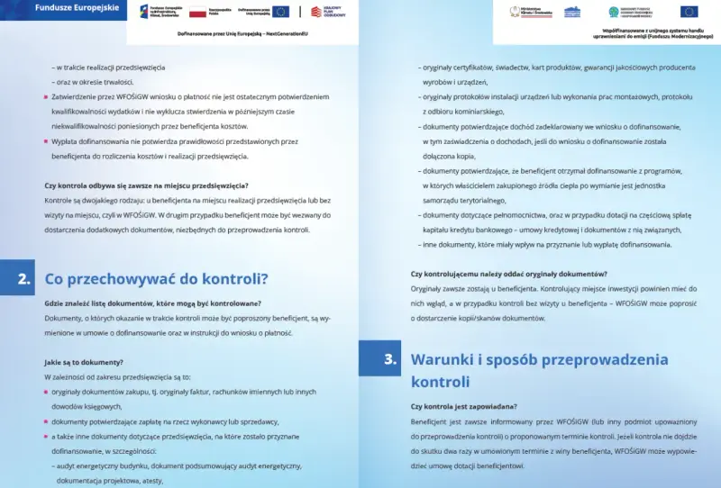 Dokumenty do kontroli: faktury, dowody zapłaty, certyfikaty, protokoły. Czyste powietrze i wypłata środków wymagają dokumentacji.