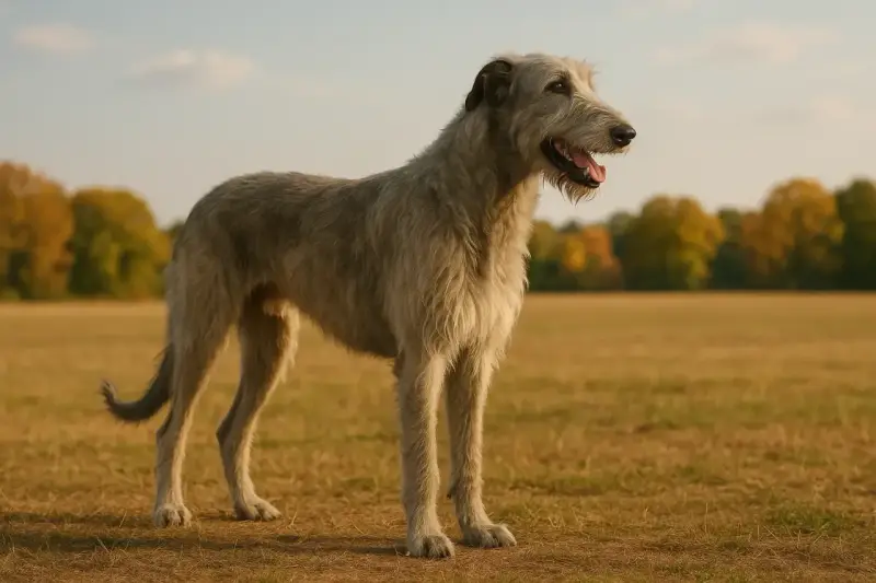 Un majestueux chien irlandais grand, au pelage gris, se tient dans un champ doré sous un ciel bleu.