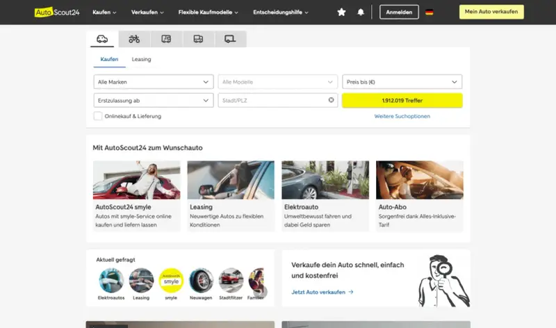 Niemieckie strony z autami: wyszukiwarka samochodów AutoScout24 z opcjami zakupu, leasingu i abonamentu.