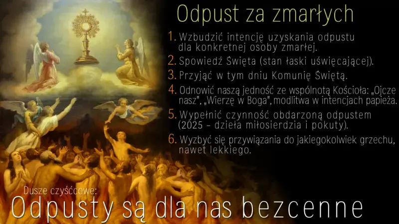 Aniołowie i dusze w niebie adorują monstrancję. Obraz symbolizuje modlitwę, która zawsze zostaje wysłuchana, niosąc ulgę duszom czyśćcowym.