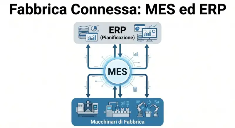 Schema che illustra la differenza tra pianificazione (ERP) e programmazione (MES) in una fabbrica connessa, con macchinari collegati.