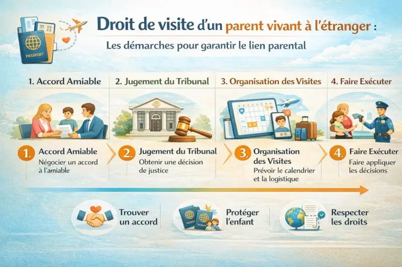 Schéma expliquant le droit de visite d'un parent à l'étranger : accord amiable, jugement, organisation et exécution. Le droit de visite obligatoire jusqu'à quel âge n'est pas précisé.