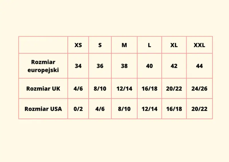 Tabela rozmiarów odzieży: europejski 38, UK 12/14, USA 8/10. Jaki to rozmiar 4?