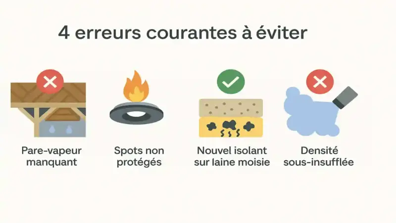 Erreurs courantes en isolation sous toiture : pare-vapeur manquant, spots non protégés, nouvel isolant sur laine moisie, densité sous-insufflée.
