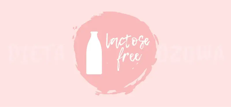 Grafika z butelką i napisem "lactose free" na różowym tle. Czy kefir ma laktozę? Ta grafika sugeruje, że tak, można znaleźć produkty bez laktozy.