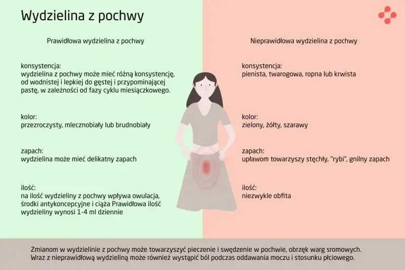 Prawidłowa wydzielina z pochwy w ciąży jest wodnista lub gęsta, przezroczysta lub mlecznobiała. Nieprawidłowa wydzielina może być pienista, żółta, zielona, o nieprzyjemnym zapachu.