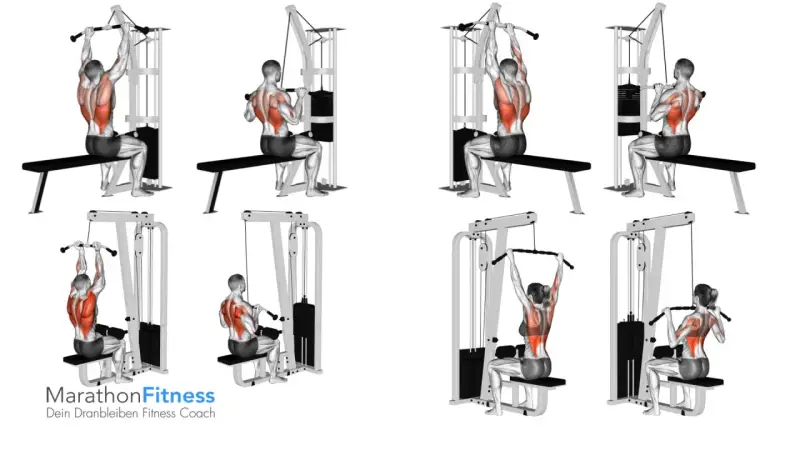 Mann und Frau trainieren Rückenmuskeln am Latzugturm im Gym. Ein effektiver pull workout für den Latissimus.
