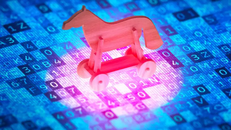 Caballo de madera, un troyano informático, sobre un fondo de código binario y hexadecimal.