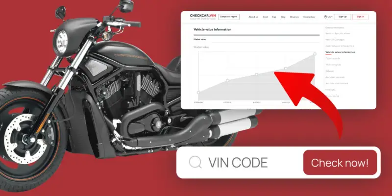 Czarny motocykl Harley-Davidson obok strony z informacjami o wartości pojazdu i polem na wpisanie numeru VIN. Sprawdź wartość swojego motocykla!