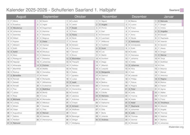 Kalender mit Monaten August bis Januar und Schulferien-Markierungen.