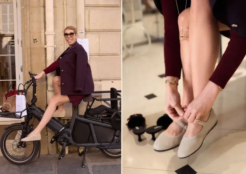 Mathilde Favier, stylish in a burgundy outfit, rides an electric bike. She's also seen tying her ballet flats, ready for a day out.