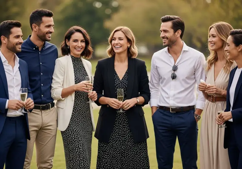 Elegancko ubrani ludzie z kieliszkami szampana. Jak sprawdzić dress code imprezy? Obserwuj styl gości, by dopasować swój strój.