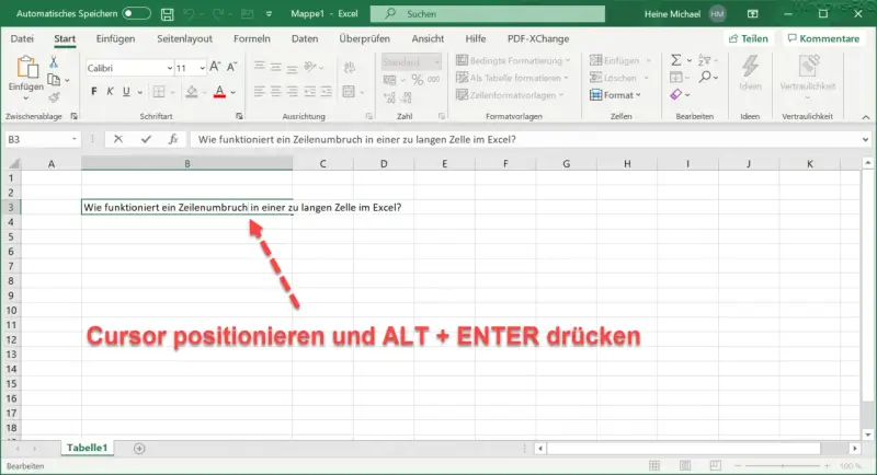 Excel: Zeilenumbruch in Zelle einfügen. Der Cursor wird in der Zelle positioniert, um einen Zeilenumbruch zu erzwingen.