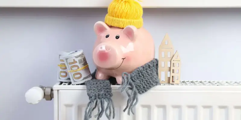 Świnka-skarbonka w czapce i szaliku, z banknotami i domkami na grzejniku. Oszczędzanie na rachunki za ogrzewanie, czyli bon ciepłowniczy w praktyce.