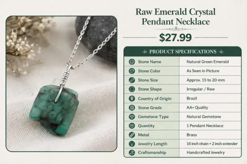 A raw emerald pendant necklace, the May 8 birthstone, features a natural green emerald on a silver chain.