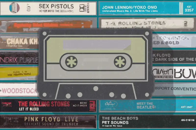 Kaseta na tle okładek płyt winylowych. Wśród nich klasyki jak Sex Pistols, Pink Floyd, The Rolling Stones. Kolekcjonerzy szukają najdroższe płyty winylowe polskie.