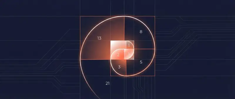 Die Fibonacci-Folge visualisiert sich in einem goldenen Schnitt-Spiralmuster, das sich von kleinen Quadraten zu größeren entwickelt.