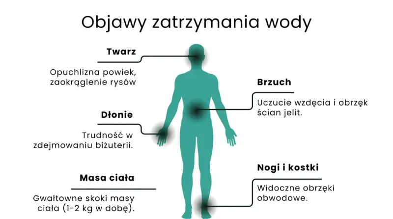 Objawy zatrzymania wody w organizmie: opuchlizna twarzy, trudność w zdejmowaniu biżuterii, wzdęcia, nagłe skoki wagi, obrzęki nóg i kostek.