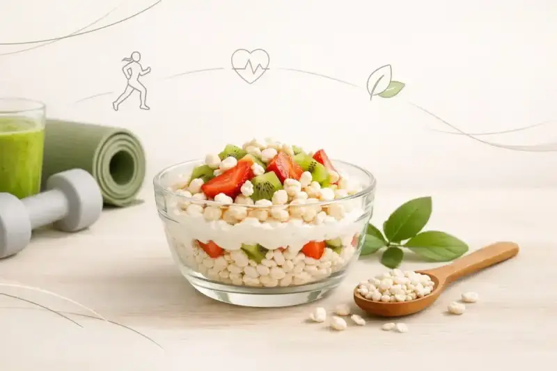 Zdrowy deser z jogurtem, truskawkami, kiwi i ryżem preparowanym. Idealny na śniadanie, gdy liczymy ryż preparowany kcal.