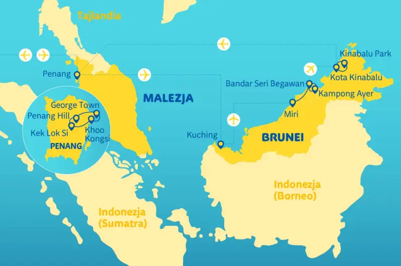 Mapa pokazuje, gdzie leży Malezja, z zaznaczonymi miastami jak Penang, Kuching i Kota Kinabalu.