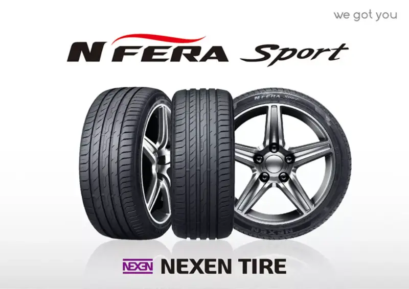 Nexen Tire to firma produkująca opony. Na zdjęciu trzy opony N Fera Sport, jedna z felgą.