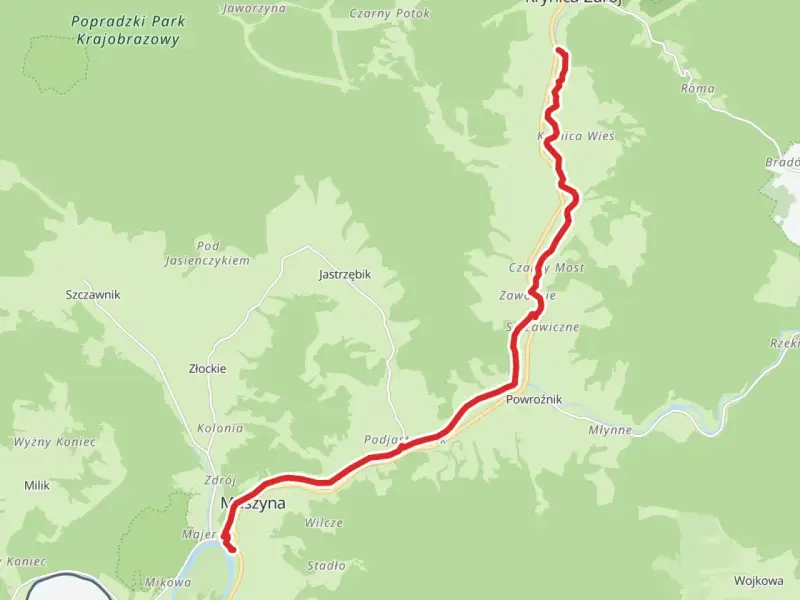 Trasa rowerowa aqua velo wiodąca przez malownicze tereny Popradzkiego Parku Krajobrazowego, od Krynica-Zdrój przez Maszynę.