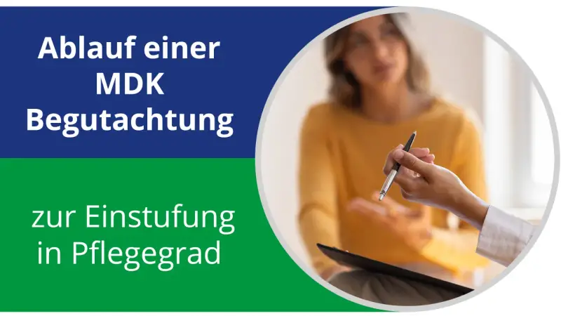 Ablauf einer MDK Begutachtung zur Einstufung in Pflegegrad. Zwei Personen im Gespräch, eine hält einen Stift.