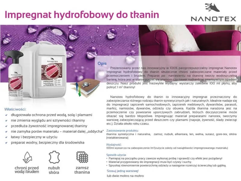 Impregnat hydrofobowy Nanotex chroni tkaniny przed wodą i plamami, tworząc niewidzialną barierę. Idealny do odzieży, mebli i namiotów.