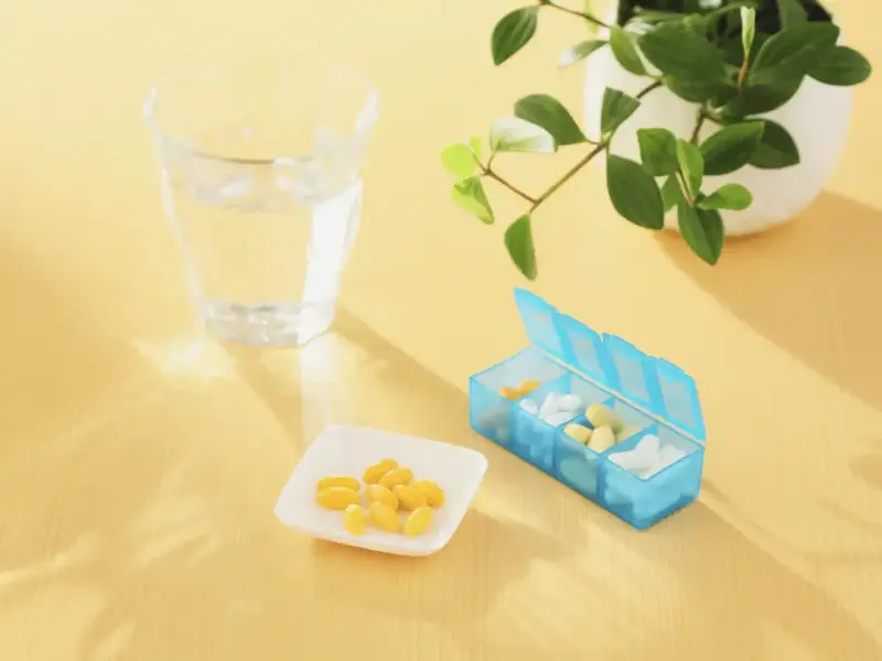 Un bicchiere d'acqua, una ciotolina con capsule gialle e un portapillole blu. Forse integratori per capire cosa sono gli elettroliti.