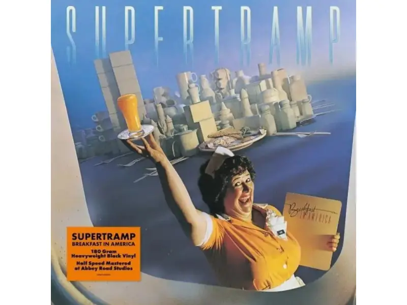 La couverture de l'album "Breakfast in America" de Supertramp, avec une serveuse joyeuse tenant un verre de jus d'orange et le menu.