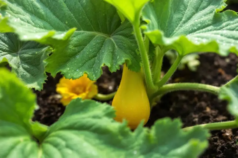 Un jeune courge butternut jaune, encore petit, se cache sous de grandes feuilles vertes. L'arrosage butternut est essentiel pour sa croissance.
