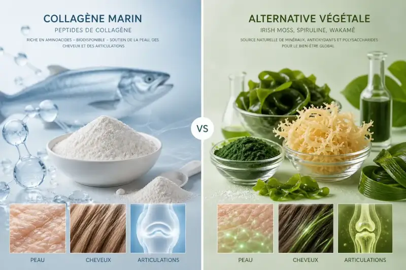 Collations marines et alternatives végétales, dont le collagène végétal issu d'algues, pour la peau, les cheveux et les articulations.
